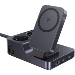 Statie Incarcare Baseus Nomos ND11 6 in 1 2x AC 1x USB-A 2x USB-C Qi2 Wireless 67W 1.5m Negru