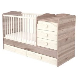 Patut Copii Hubners Sofia Maxi Kombi Transformabil din Lemn cu 5 Sertare 120x70cm +0luni Crem Nisip
