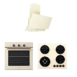 Pachet Incorporabil Studio Casa Viva Glamour Parma Glass Cuptor Electric Plita Gaz Sticla si Hota Decorativa Sticla 8 Functii Ventilator Grill Clasa A Beige