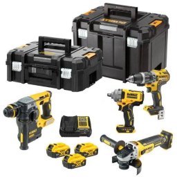 Kit 4 Unelte fara Fir DeWALT DCK428P3T-QW Combo cu 3 Acumulatori 18V 5Ah si Incarcator 2 Valize Transport Negru/Galben