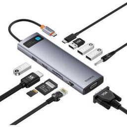 Hub USB Baseus Metal Gleam 11-in-1 USB-C la HDMI 4K@60Hz VGA USB 3.0 USB 2.0 PD RJ45 SD/TF 3.5mm Gri