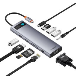 Hub USB Baseus Metal Gleam 3 x USB-A 3.0 - 1 x USB-A - 1 x USB-C - 1 x HDMI - 1 x VGA - 1 x Jack 3.5mm - 1 x RJ45 - 1 x SD - 1 x microSD Gri