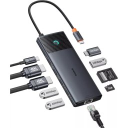 Hub USB Baseus Dual Display 1 x USB-A 3.0 - 2 x USB-A - 2 x USB-C - 2 x HDMI - 1 x RJ45 - 1 x SD - 1 x microSD Negru
