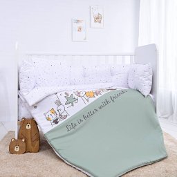 Set Lenjerie Lorelli Ranforce 8 piese Protectii Laterale Happy Friends Mint Verde