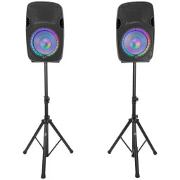 Set Boxe cu Microfon BoomTone DJ PS212A 2 x 250W RMS Iluminare LED USB/SD/BT/FM Stative Incluse Negru