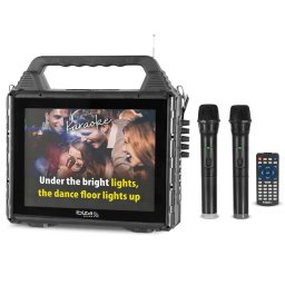 Set Boxa Portabila Karaoke Ibiza Sound Karavision cu Ecran 14.4Inch si 2 Microfoane Wireless Putere RMS 30W Negru