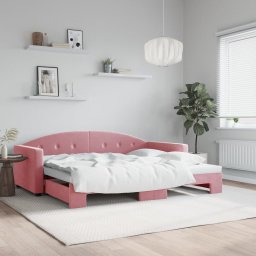 Pat de zi extensibil roz 90x200 cm din catifea, pentru living si dormitor