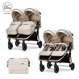 Carucior pentru Gemeni Lorelli Duo pana la 22Kg per Copil Cadru din Aluminiu Spatar Reglabil Pozitii Multiple Geanta pentru Mama Inclusa Beige
