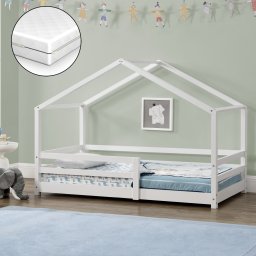 Pat copii tip casa 80x160 cm alb, cu protectie, somiera si saltea
