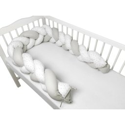 Protectie laterala, MimiNu, pentru patut bebe, Tip Bumper impletit, din bumbac, din Lungime 220 cm, Mini Gray Stars