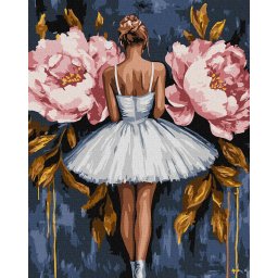 Set pictura pe numere, cu sasiu, Balerina cu bujori roz - extra culori metalizate, 40x50 cm