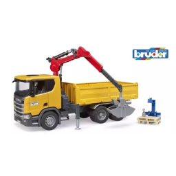 Camion basculant cu macara Bruder Scania Super 560R, cu cupă, palet și cârlig de ridicare - 55 cm