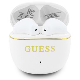 Căști Wireless Half In-Ear Guess Glossy Line Classic, Comenzi tactile, Autonomie 20 ore (cu carcasă de încărcare) – Alb