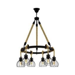 Candelabru rustic din sfoara Rampside 43194, abajururi otel negru, 6xE27-LED, H: 1090 mm, Ø 760 mm