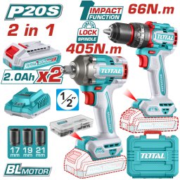Kit scule TOTAL 20V brushless cu percutie si impact, 2 acumulatori
