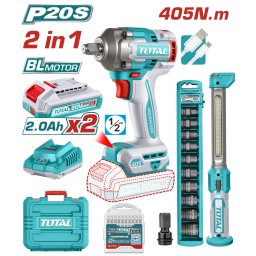 Kit TOTAL 20V cu masina de însurubat cu impact 405 Nm si lampa de lucru