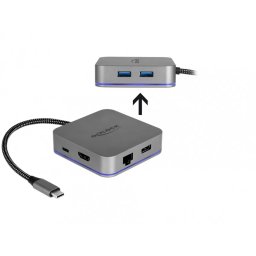 Docking Station Delock Dispozitive Mobile USB-C la HDMI 4K/ Hub / LAN / PD 3.0 cu LED Gri