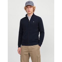 Jack & Jones Cardigan tricotat barbati cu guler inalt, din bumbac organic, JPRBLURYAN, Bleumarin inchis (SELECTATI MARIMEA: L)