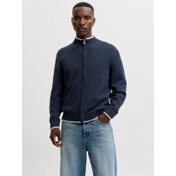 Jack & Jones Cardigan tricotat barbati cu guler inalt si detalii contraste, JORFREDERIKSBERG, Bleumarin inchis (SELECTATI MARIMEA: 2XL)