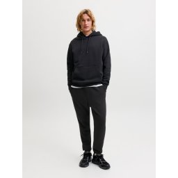 Jack & Jones Set trening barbati, format din hanorac cu gluga, fara fermoar si pantaloni lungi, Relaxed Fit, JJEBRADLEY, Negru (SELECTATI MARIMEA: L)