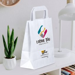 Pungi hartie personalizate cu maner banda, imprimare fata, 18+9 x 24 cm, hartie alba 70g