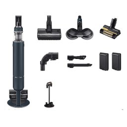 Aspirator vertical Samsung Bespoke Jet Plus Pro Extra, VS20B95973B/GE, putere 580W, 0.5L, 25.2V, Digital Inverter, Mop rotativ cu pulverizator, Perie Pet, autonomie 120 min, Negru Chrometal si Albastru Midnight