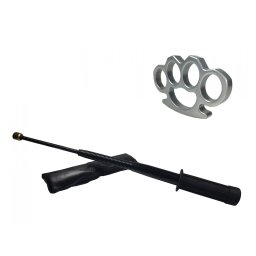 Set baston telescopic flexibil negru maner tip tonfa 47 cm si box argintiu 0,5 cm grosime