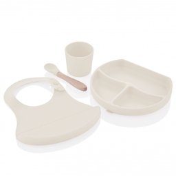 Set diversificare 4 piese din silicon BabyJem: bavetica, farfurie, lingurita si pahar (Culoare: Ecru)