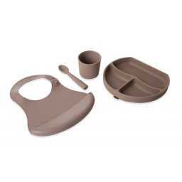 Set diversificare 4 piese din silicon BabyJem: bavetica, farfurie, lingurita si pahar (Culoare: Latte)