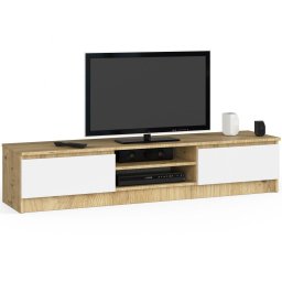Comoda TV cu 2 usi si rafturi centrale, PAL laminat, 160x40x33 cm, stejar artisan si alb