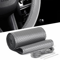 Husa volan din PIELE GRI + ATA GRI, diametru 37 - 39 cm (se coase, aspect ORIGINAL)