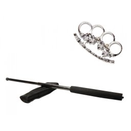 Set baston telescopic negru 50 cm si pumnal/box craniu argintiu