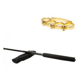 Set baston telescopic negru 64 cm si box craniu auriu