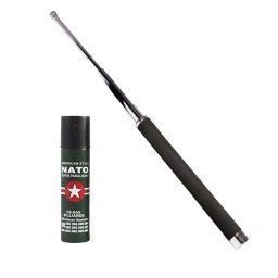 Baston telescopic 65 cm, argintiu, cadou spray NATO 60 ml