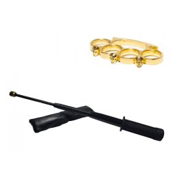 Set baston telescopic flexibil negru 47 cm si box craniu auriu