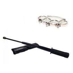 Set baston telescopic flexibil negru 47 cm si box craniu argintiu