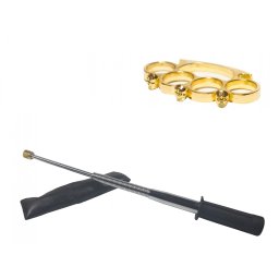 Set baston telescopic flexibil argintiu, maner cauciuc, 47 cm si box craniu auriu