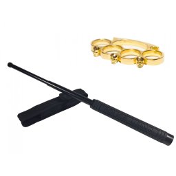 Set baston telescopic Police, 49 cm si box craniu auriu
