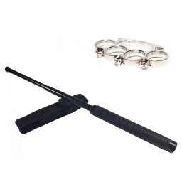 Set baston telescopic Police, 49 cm si box craniu argintiu