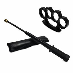Set baston telescopic flexibil negru maner tip tonfa 47 cm + box negru 0.5 cm grosime