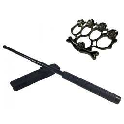 Set baston telescopic Police, 49 cm si box,rozeta craniu negru