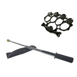 Set baston telescopic flexibil argintiu, maner cauciuc, 47 cm si box,rozeta craniu negru