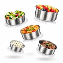 Set 5 Caserole Alimentare Din Inox Cu Capace, Reutilizabile, Pentru Frigider Si Bucatarie