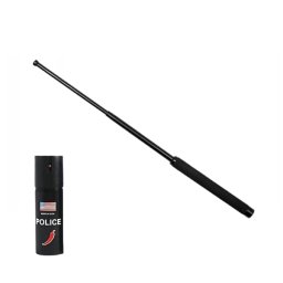 Set baston telescopic pliabil si spray paralizant chili, DEPOX®, 51 cm/ 60 ml, maner antiderapant, negru