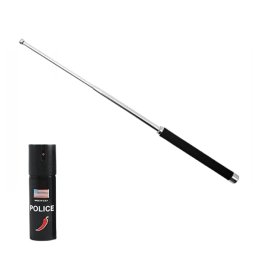 Set baston telescopic pliabil si spray paralizant chili, DEPOX®, 51 cm/ 60 ml, maner antiderapant, argintiu