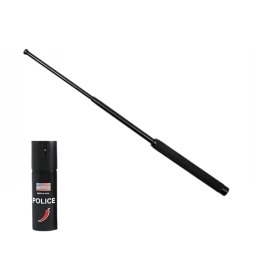 Set baston telescopic pliabil si spray paralizant chili, DEPOX®, 64 cm/ 60 ml, maner antiderapant, negru