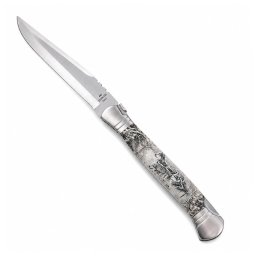 Briceag Pliabil cu Mâner din Lemn și Teacă Textilă DEPOX®, 37 cm, design gravură lup