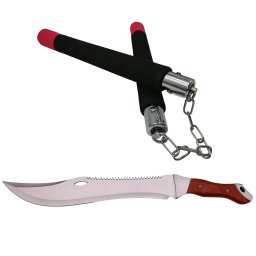 Set maceta de vanatoare DEPOX®, Knife of Mind, otel inoxidabil, argintie, 46 cm si nunceag burete