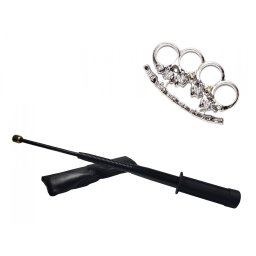 Set baston telescopic flexibil negru si pumnal/box craniu argintiu