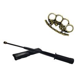 Set baston telescopic flexibil negru maner tip tonfa 47 cm + pumnal/box crani